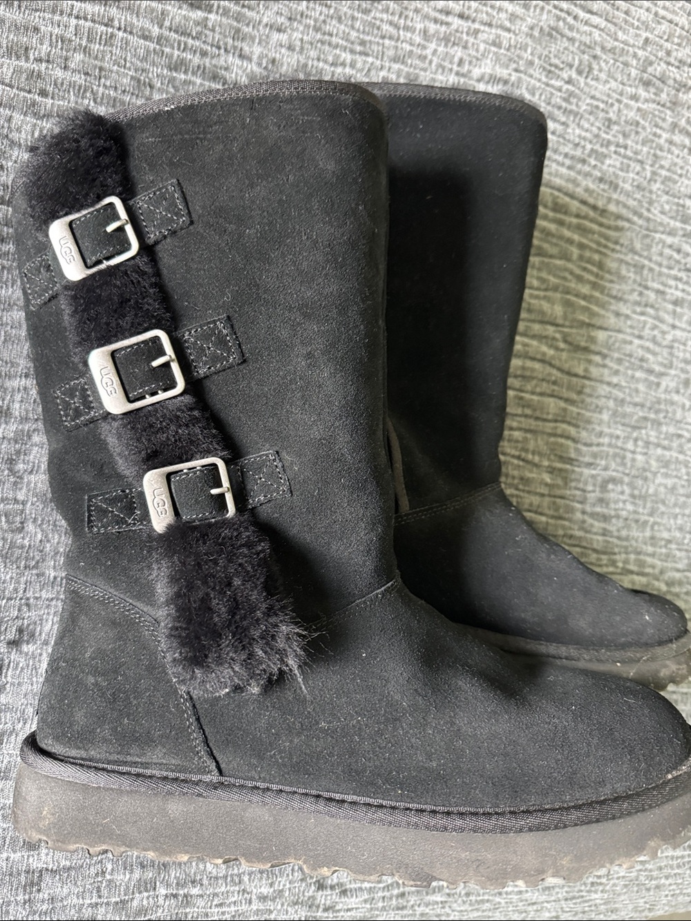 UGG Black Suede Mid-Calf Shearling Buckle Boots